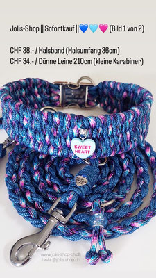 Bild 1 / Art.-Nr.: 7016 / Halsband 4-Reihige Pipa (3cm breit) mit Klickverschluss, blau gesprenkelt (Hals 36cm) 38.-, Leine geflochten 210cm, kleine Karabiner     Total Preis: CHF 34.-