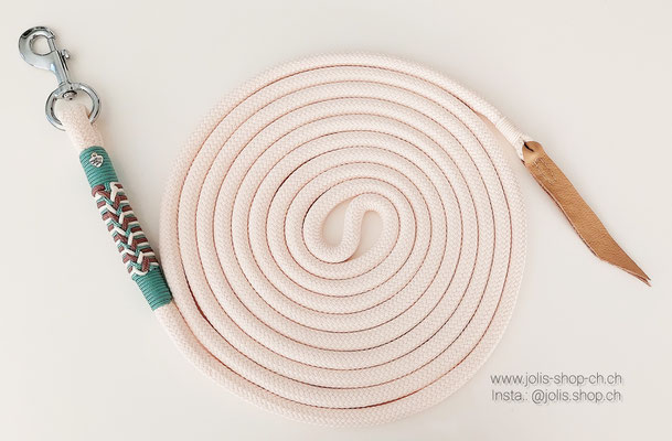 Art.-Nr.: 2085 / 550cm Bodenarbeitsseil 12mm mit Lederklatsche und Normalem Karabiner (Silber)       Preis: CHF 49.-