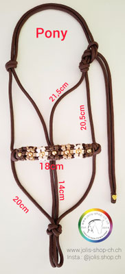 Art.-Nr.: Bild 2 / 2107-2 / Umflochtenes "Flowerpower" Knotenhalfter 6mm (Grösse Pony) Braun   Nase/18cm  Backe/20.5cm  Kehle/14cm  Ganasche/21,5cm   Total Preis: CHF 35.-