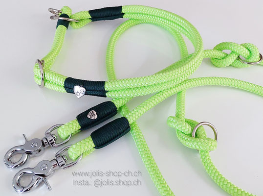 Bild 1 / Art.-Nr.: 6084-1 / Hundeleinen-Set Leine +/-190cm (10mm Seil / Lime) für mittel bis grosse Hunde  CHF 37.- / Zugstopphalsband (10mm Seil / Lime) Hals verstellbar Gr. ab 41cm-Kopf 51cm CHF 32.-    Total Preis: CHF 69.-