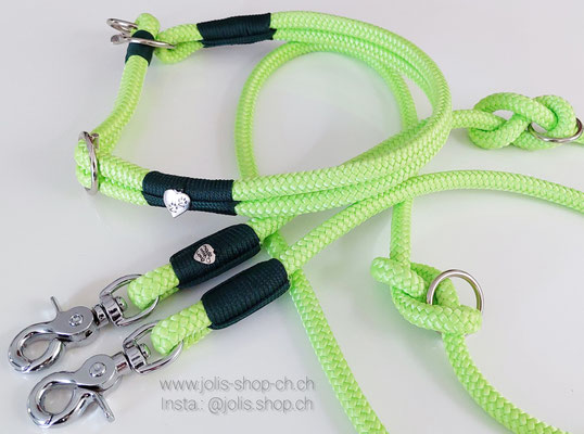 Bild 1 / Art.-Nr.: 6084-1 / Hundeleinen-Set Leine +/-190cm (10mm Seil / Lime) für mittel bis grosse Hunde  CHF 37.- / Zugstopphalsband (10mm Seil / Lime) Hals verstellbar Gr. ab 41cm-Kopf 51cm CHF 32.-    Total Preis: CHF 69.-