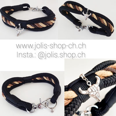 Bild 2 /Art.-Nr.: 7014-1 / Halsband Schwarz/Braun mit Bullenanhänger, 4cm breit, Karabiner-Verschluss (silbern), Halsumfang 49cm    Total Preis: CHF 43.-