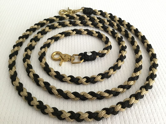 Art.-Nr.: 2039 / Zügel 245cm  mit goldenem Karabiner (Seilfarbe: Gold/Schwarz)     Preis: CHF 31.90