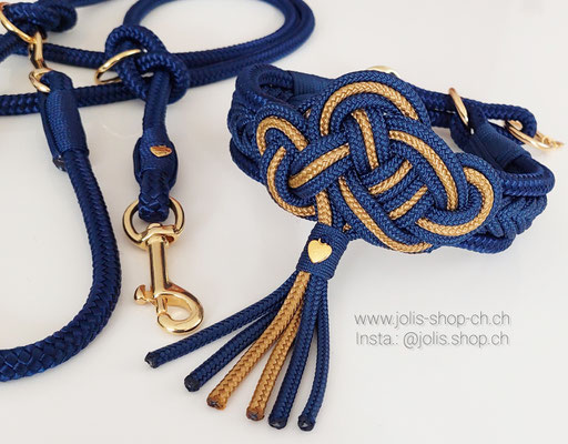 Bild 2 /Art.-Nr.: 7012-2 / Zugstopphalsband mit Keltischem-Knoten (Marineblau/Gold), goldene Ringe, Halsumfang 38cm-44cm    Total Preis: CHF 50.-