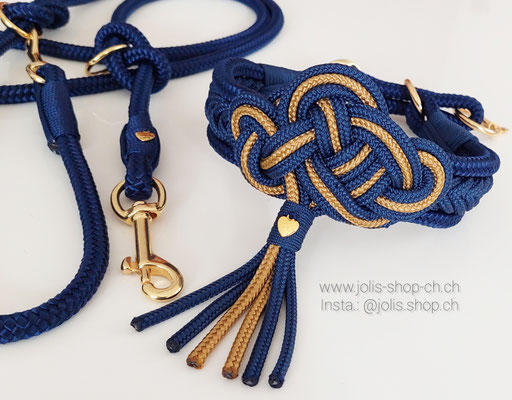 Bild 2 /Art.-Nr.: 7012-2 / Zugstopphalsband mit Keltischem-Knoten (Marineblau/Gold), goldene Ringe, Halsumfang 38cm-44cm    Total Preis: CHF 50.-