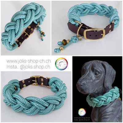 Art.-Nr. : 7028  Halsband "Chici Micki" Gr. L/XL, Biothane Braun mit goldenen Beschlägen 2,5cm breit (Geflecht 5,5cm breit) 45cm-53cm, Farbe: Seagreen    Total Preis: CHF 49.-