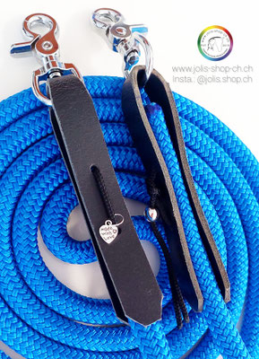 Art.-Nr.: Bild 2 / 2103-2 / Zügel Spez. mit Leder Slobber bar Verschluss 12mm Seil 300cm    Total Preis: CHF 52.-