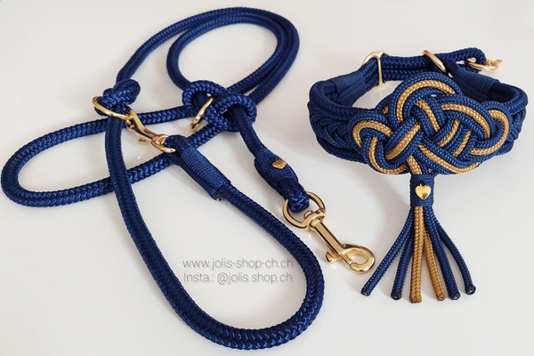 Bild 3 /Art.-Nr.: 7012-3 / Hundeleine verstellbar 10mm Rundseil (Marineblau) +/-190cm mit goldenen Beschlägen CHF 42.- / Zugstopphalsband mit Keltischem-Knoten (Marineblau/Gold), goldene Ringe, Halsumfang 38cm-44cm CHF 50.-    Total Preis: CHF 92.-