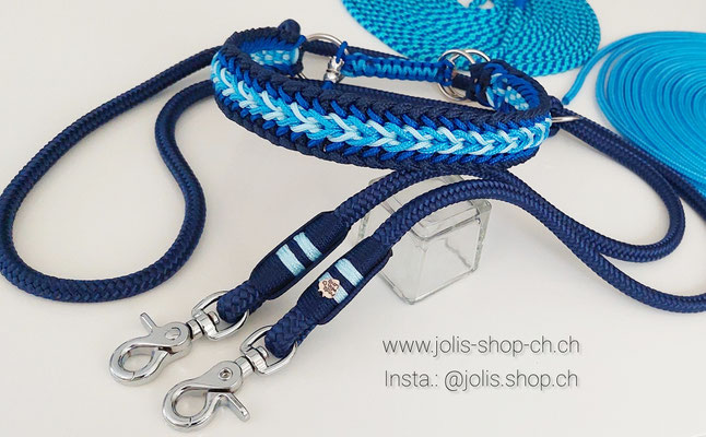 Bild 6 / Art.-Nr.: 6063-6 / Zugstopphalsband "Stubborn Milow" blau (4cm breit / Zugstopp geflochten)  Halsumfang 47cm/Kopfumfang 53cm) CHF 48.-, Leine Marineblau +/-190cm 10mm CHF 37.-    Total Preis: CHF 85.- 