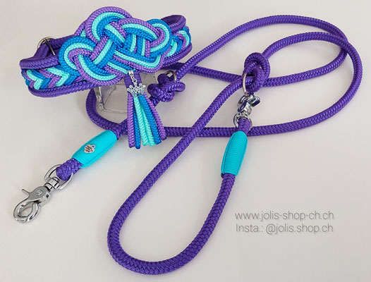 Bild 4 /Art.-Nr.: 7013-4 / Hundeleine verstellbar 10mm Rundseil (Violett) +/-190cm mit silbernen Beschlägen CHF 37.- / Zugstopphalsband mit Keltischem-Knoten (Violett/Türkis/Blau), silbern Ringe, Halsumfang 37cm-47cm CHF 45.-    Total Preis: CHF 82.-