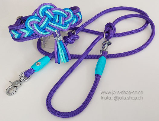 Bild 4 /Art.-Nr.: 7013-4 / Hundeleine verstellbar 10mm Rundseil (Violett) +/-190cm mit silbernen Beschlägen CHF 37.- / Zugstopphalsband mit Keltischem-Knoten (Violett/Türkis/Blau), silbern Ringe, Halsumfang 37cm-47cm CHF 45.-    Total Preis: CHF 82.-