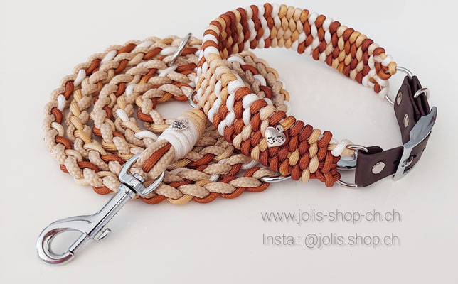 Bild 4 / Art.-Nr.: 6058-4 / Halsband "4 Reihige Pipa" Beige-Braun  4cm breit / Biothaneverschluss2.5cm breit) /  Halsumfang 42cm-48cm) Preis: CHF 48.-  /  Leine 185cm kBeige/Braun 2x Mittelgrosse Karabiner für Mittel- bis Grosse Hunde Preis: CHF 29.-