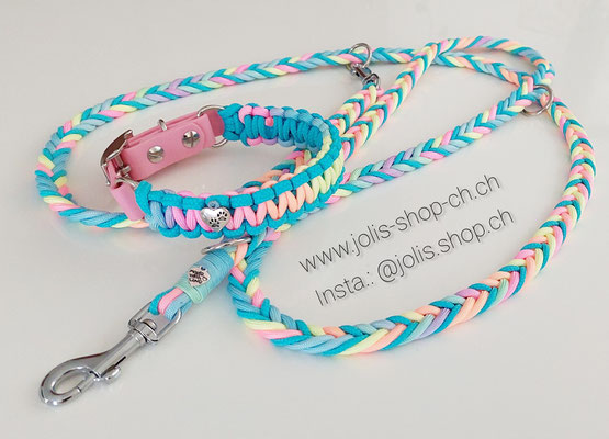 Bild 1 /Art.-Nr.: 6038-1 / Halsband "Triple" sweet pastell Rainbow/Türkis (2.5cm breit / Biothaneverschluss 1.9cm breit) / Halsumfang 29cm-35cm) CHF 35.-, Leine 200cm kleine Karabiner CHF 31.-       Preis: CHF 66.-