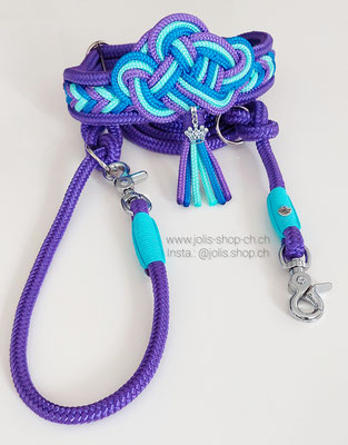 Bild 3 /Art.-Nr.: 7013-3 / Hundeleine verstellbar 10mm Rundseil (Violett) +/-190cm mit silbernen Beschlägen CHF 37.- / Zugstopphalsband mit Keltischem-Knoten (Violett/Türkis/Blau), silbern Ringe, Halsumfang 37cm-47cm CHF 45.-    Total Preis: CHF 82.-