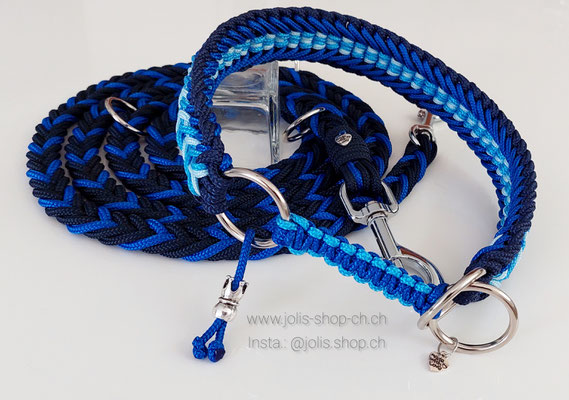 Bild 1 / Art.-Nr.: 6063-1 / Hundeleinen-Set  Leine (blau) für mittel bis grosse Hunde  190cm lang CHF 35.- / Zugstopphalsband "Stubborn Milow" blau CHF 48.- (4cm breit / Zugstopp geflochten)  Halsumfang 47cm/Kopfumfang 53cm)     Preis: CHF 83.- 