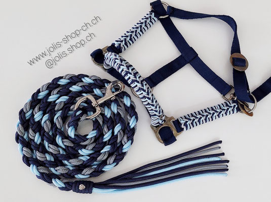 Bild 1 /Art.-Nr.: 2083-1 / Halfter (Gr. Pony) Marine/Silber/Babyblau CHF 28.- und Führstrick Marine/Silber/Babyblau 195cm CHF 27.-     Total Preis: CHF 55.-