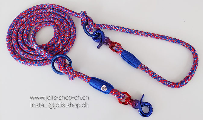 Art.-Nr.: 6087 /   Leine +/-190cm (8mm Seil / Schatten des Feuers) geeignet für kleine - mittelgrosse Hunde, die farbigen Karabiner sind geeignet bis ca. 17kg Gewichtsklasse     Total Preis: CHF 38.-  