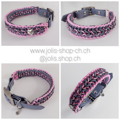 Art.-Nr.: Bild 1 6036-1 / Halsband "Stubborn Milow" grau/rosa (2.5cm breit / Biothaneverschluss 1.9cm breit) /  Halsumfang 31cm-36cm)     Preis: CHF 45.-    