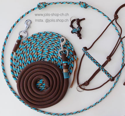 Art.-Nr.: Bild 8 / 2084-8 / Knoti mit Ring "no slippling" 6mm (Grösse COB) CHF 31.-, Bodenarbeitsseil (10mm Seil) 700cm CHF 47.- und Strick 14mm Seil 250cm CHF 33.-, Reitring CHF 25.-, Mini-Knoti Schlüsselanhänger CHF 15.-      Total Preis: CHF 151.-