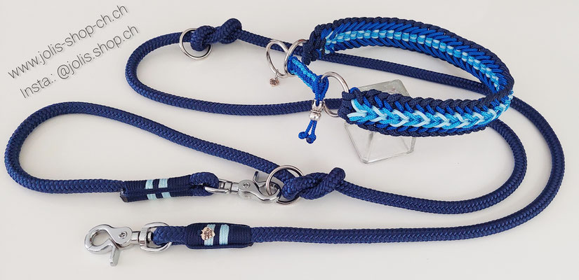 Bild 5 / Art.-Nr.: 6063-5 /  Zugstopphalsband "Stubborn Milow" blau (4cm breit / Zugstopp geflochten)  Halsumfang 47cm/Kopfumfang 53cm) CHF 48.-, Leine Marineblau +/-190cm 10mm CHF 37.-    Total Preis: CHF 85.- 