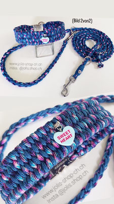Bild 2 / Art.-Nr.: 7016 / Halsband 4-Reihige Pipa (3cm breit) mit Klickverschluss, blau gesprenkelt (Hals 36cm) 38.-, Leine geflochten 210cm, kleine Karabiner     Total Preis: CHF 34.-
