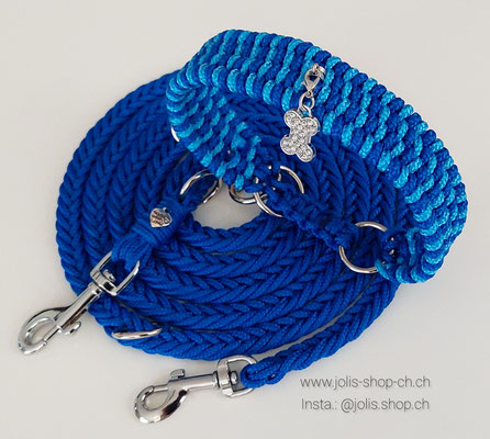Bild 2 / Art.-Nr.: 6066-2 / Zugstopphalsband 4-Reihige Pipa (3cm breit) blau (Hals 28cm/Kopf 32cm) 38.-, Leine geflochten 2m (Electricblue 1,3cm breit) kleine Karabiner     Total Preis: CHF 31.-
