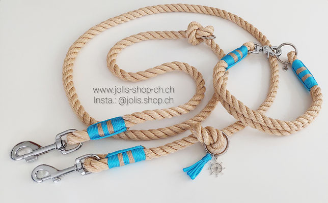 Bild 1 / Art.-Nr.: 6082-1 / Hundeleinen-Set Leine 200cm (maxi dickes 12mm gedrehtes Seil) für mittel bis grosse Hunde  CHF 40.- / Halsband (12mm gedrehtes Seil) Halsumfang 48.5cm CHF 38.-    Total Preis: CHF 78.-