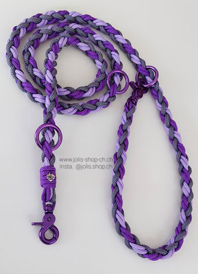 Art.-Nr.: 6091 /   Leine +/-190cm, Hundeleine geflochten mit 6 Seilen, Farbe: violett geeignet für mittelgrosse Hunde, die farbigen Karabiner sind geeignet bis ca. 16kg Gewichtsklasse     Total Preis: CHF 40.-