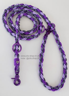 Art.-Nr.: 6091 /   Leine +/-190cm, Hundeleine geflochten mit 6 Seilen, Farbe: violett geeignet für mittelgrosse Hunde, die farbigen Karabiner sind geeignet bis ca. 16kg Gewichtsklasse     Total Preis: CHF 40.-
