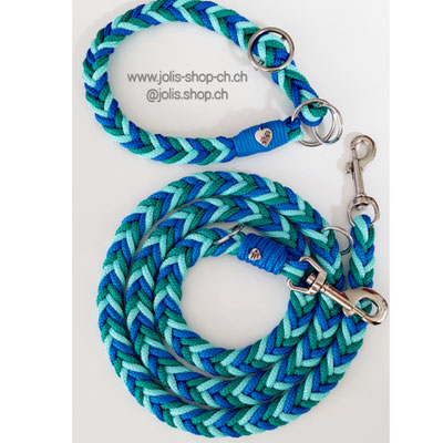 Art.-Nr.: 5063 / Hundeleinen Set / Fischgrätgeflochten mit 6 Seilen (Royalblau/Smaragdgrün/Mint) Zugstopphalsband Halsumfang Individuell einstellbar Kopfumfang 44cm / Leine 145cm  2x grosse Karabiner Preis: CHF 53.-