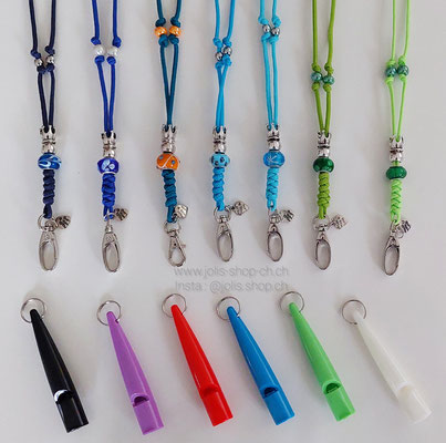 Art.-Nr.: 7003 / Hundepfeifenband mit Glasperle und Silberkrone in div. Farben   pro Stück / mit Pfeife CHF 17.- / ohne Pfeife CHF 12.-