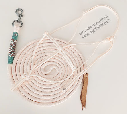 Art.-Nr.: 2085 / 550cm Bodenarbeitsseil 12mm mit Lederklatsche und Normalem Karabiner (Silber)       Preis: CHF 49.-