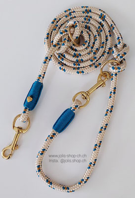 Art.-Nr.: 6089 /   Leine +/-190cm (10mm Seil / Luxury), goldene Karabiner, geeignet für mittel bis grosse Hunde    Total Preis: CHF 42.-  
