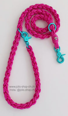 Art.-Nr.: 7002-1 /   Leine 140cm, Hundeleine geflochten mit 6 Seilen, Farbe: Fuchsia geeignet für mittelgrosse Hunde, die farbigen Karabiner sind geeignet bis ca. 16kg Gewichtsklasse     Total Preis: CHF 32.-