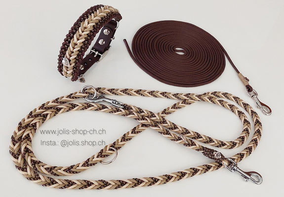Bild 2/Art.-Nr.: 6027-2 / Halsband "Stubborn Milow" ( 3.5cm breit / Biothaneverschluss 2cm breit) /  Halsumfang 28cm-35cm) CHF 45.-, Leine 200cm kleine Karabiner CHF 31.-, Schleppleine 6m (4mm) Braun CHF 24.-     Preis: CHF 100.-  