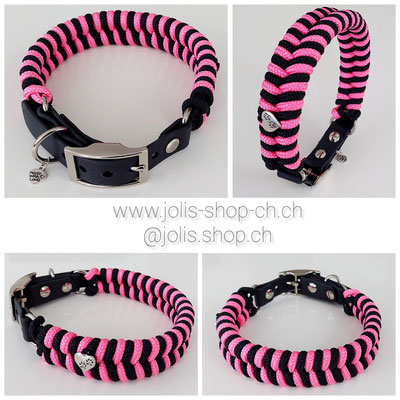 Art.-Nr.: 6050 / Halsband "Fischgrät" Schwarz/Neon Pink (2.8cm breit / Biothaneverschluss 1.9cm breit) /  Halsumfang 33cm-38cm)     Preis: CHF 35.-    