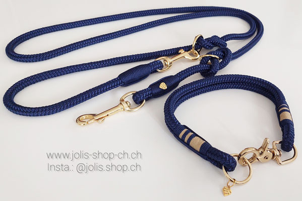 Bild 2 /Art.-Nr.: 7011-2 / Hundeleine verstellbar 10mm Rundseil (Marineblau), +/- 190cm, goldene Beschläge, Halsumfang 42cm CHF 42.- / Halsband mit Einzelseil 10mm (Marineblau/Gold), goldener Karabinerverschluss CHF 35.-    Total Preis: CHF 77.-