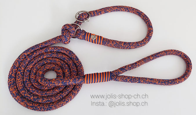 Art.-Nr.: 7006 / Retrieverleine 12mm Rundseil (Dunkelblau+Orange Mix) für mittel bis grosse Hunde, Halsband individuell verstellbar      Preis: CHF 34.-