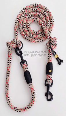 Bild 1 /Art.-Nr.: 6092-1 /   Leine +/-190cm (12mm Seil / Tartan Beige), Schwarze Karabiner, geeignet für mittel bis grosse Hunde    Total Preis: CHF 45.-  