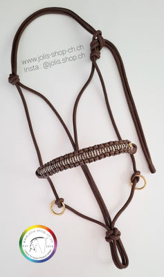 Art.-Nr.: Bild 2 / 2105-2 / Umflochtenes Knotenhalfter 6mm (Grösse COB) Schokobraun mit goldenen Zügelringe Nase/25cm  Backe/24,5cm  Kehle/17cm  Ganasche/24,5cm   Total Preis: CHF 35.-
