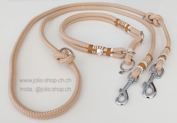 Bild 1 / Art.-Nr.: 6059-1 / Hundeleinenset Beige (Leine CHF 37.- + Halsband CHF 32.-) 10mm Seile (Für Mittel-Grosse Hunde) Halsband Hals ab 38cm verstellbar bis Kopf 50cm   Preis: CHF 69.-