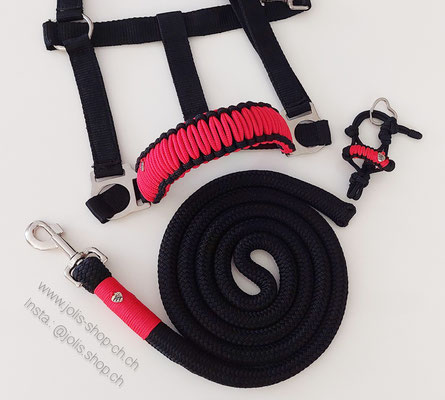 Bild 1 /Art.-Nr.: 2080-1 / Halfter (Gr. Pony) schwarz/rot CHF 20.- und Führstrick schwarz/rot 200cm CHF 29.- und Schlüsselanhänger Knoti schwarz/rot CHF 15.-      Total Preis: CHF  64.-