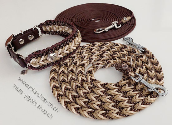 Bild 1/Art.-Nr.: 6027-1 / Halsband "Stubborn Milow" ( 3.5cm breit / Biothaneverschluss 2cm breit) /  Halsumfang 28cm-35cm) CHF 45.-, Leine 200cm kleine Karabiner CHF 31.-, Schleppleine 6m (4mm) Braun CHF 24.-     Preis: CHF 100.- 