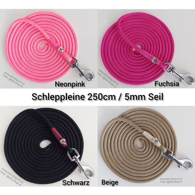 Art.-Nr.: 6094 / Schleppleine 250cm/5mm Seil (kleiner Karabiner)  Welche Farbe wünschen Sie?    Stück Preis: CHF 11.-