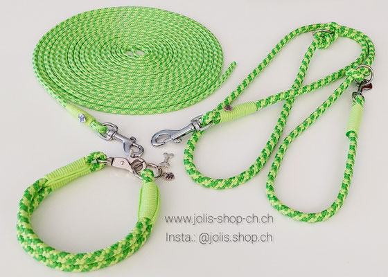 Bild 2 / Art.-Nr.: 6060-2 / Hundeleinenset Lime 8mm (Leine CHF 33.- + Halsband 8mm, Halsumfang 28cm (Für kleine Hunde) CHF 30.- + Schleppleine 6m/5mm Seil CHF 14.-    Preis: CHF 77.-
