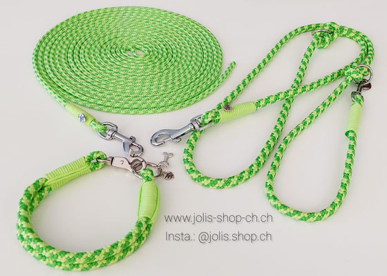 Bild 2 / Art.-Nr.: 6060-2 / Hundeleinenset Lime 8mm (Leine CHF 33.- + Halsband 8mm, Halsumfang 28cm (Für kleine Hunde) CHF 30.- + Schleppleine 6m/5mm Seil CHF 14.-    Preis: CHF 77.-