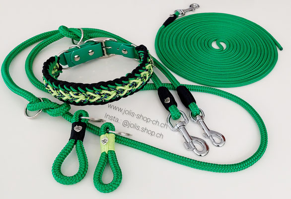 Art.-Nr.: 6035-05: Halsband "Stubborn Milow"grün/pistach (4cm breit / Biothane-Verschluss 2,5cm breit)  Halsumfang 40cm-45cm CHF 48.- , Leine grün +/-190cm 10mm CHF 37.-, Schleppleine 7m/6mm grün CHF 19.- / 2x Schlüsselanhänger    Total Preis: CHF 120.- 