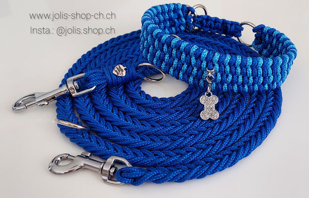 Bild 1 / Art.-Nr.: 6066-1 / Zugstopphalsband 4-Reihige Pipa (3cm breit) blau (Hals 28cm/Kopf 32cm) 38.-, Leine geflochten 2m (Electricblue 1,3cm breit) kleine Karabiner     Total Preis: CHF 31.-