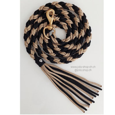 Art.-Nr.: 2038 /  Strick 200cm mit goldenem Karabiner   (Seilfarbe: Gold/Schwarz)       Preis: CHF 35.-
