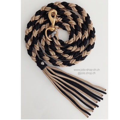 Art.-Nr.: 2038 /  Strick 200cm mit goldenem Karabiner   (Seilfarbe: Gold/Schwarz)       Preis: CHF 35.-